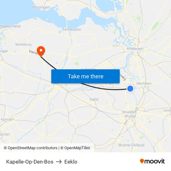 Kapelle-Op-Den-Bos to Eeklo map