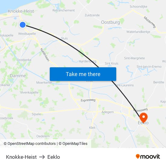 Knokke-Heist to Eeklo map