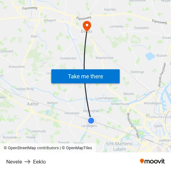Nevele to Eeklo map