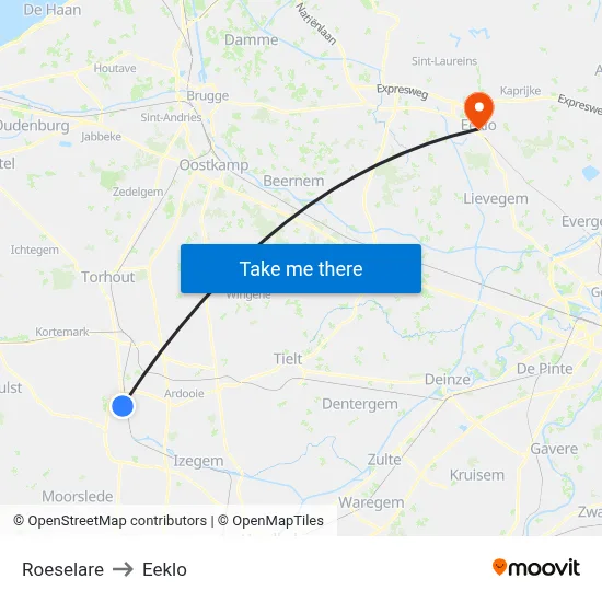 Roeselare to Eeklo map