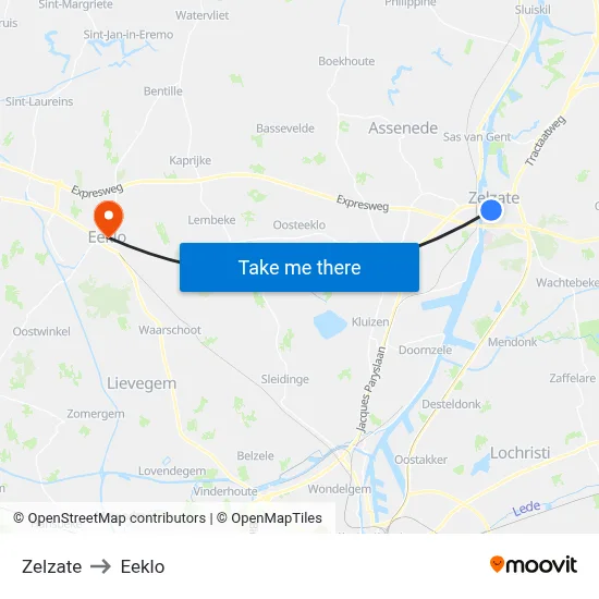 Zelzate to Eeklo map