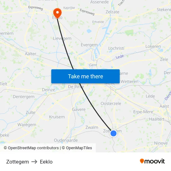 Zottegem to Eeklo map