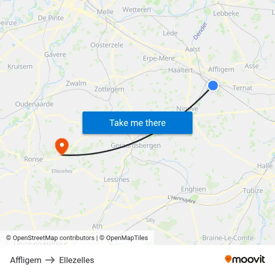 Affligem to Ellezelles map