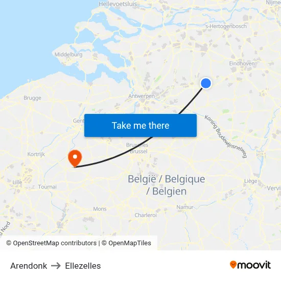 Arendonk to Ellezelles map