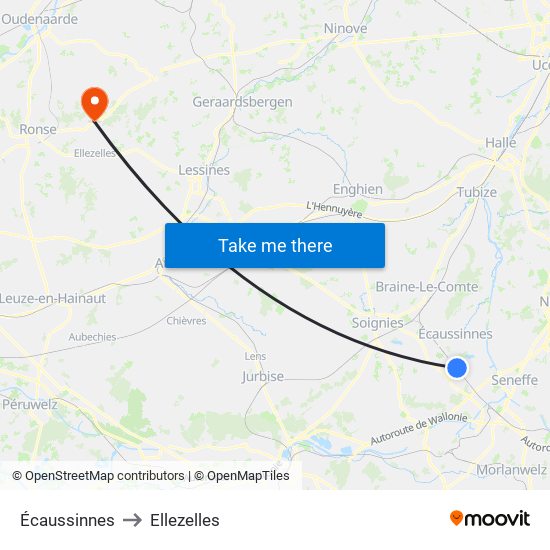 Écaussinnes to Ellezelles map