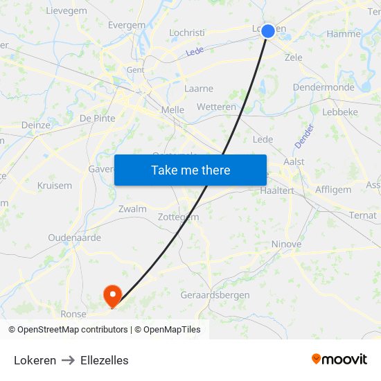 Lokeren to Ellezelles map