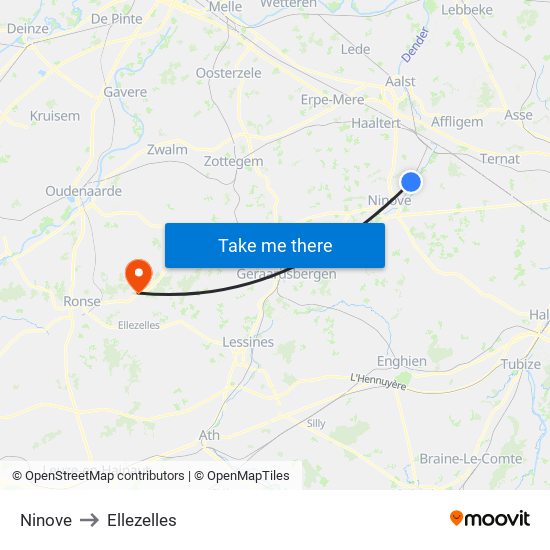 Ninove to Ellezelles map