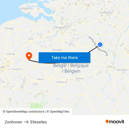 Zonhoven to Ellezelles map