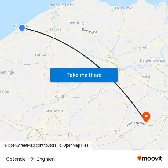 Ostende to Enghien map