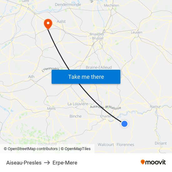 Aiseau-Presles to Erpe-Mere map