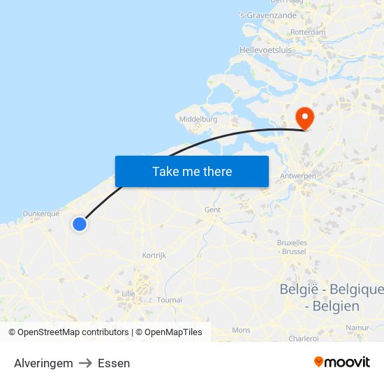 Alveringem to Essen map