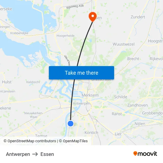 Antwerpen to Essen map