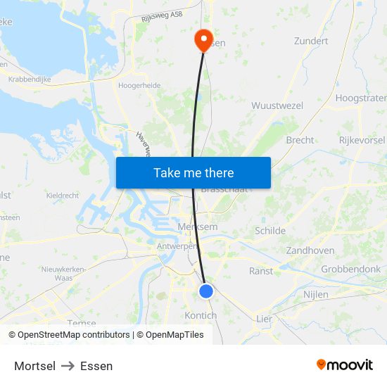 Mortsel to Essen map