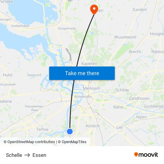 Schelle to Essen map