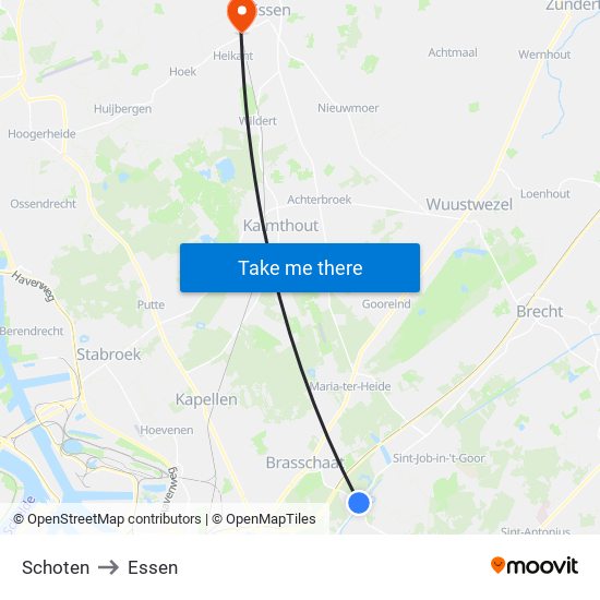 Schoten to Essen map