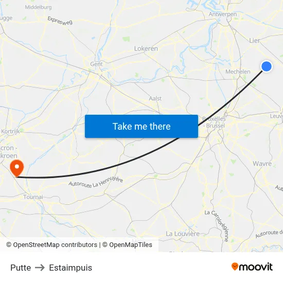 Putte to Estaimpuis map