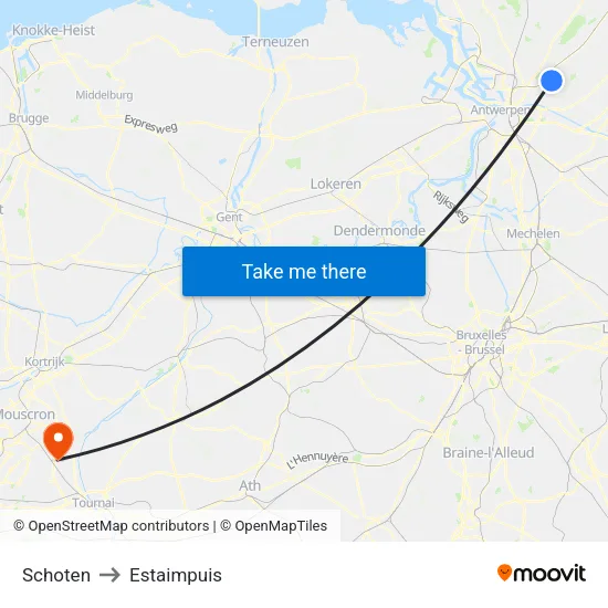 Schoten to Estaimpuis map