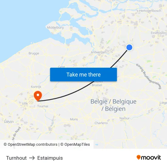 Turnhout to Estaimpuis map
