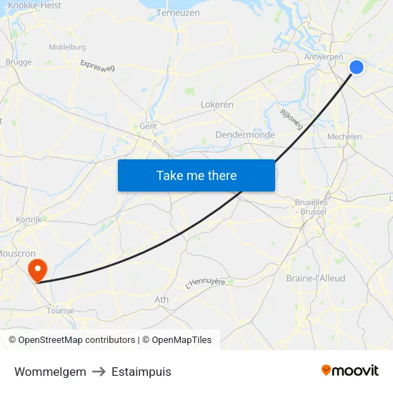Wommelgem to Estaimpuis map