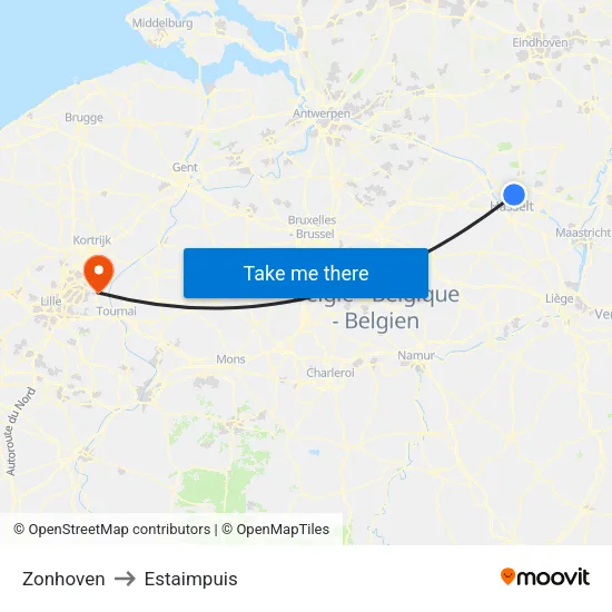 Zonhoven to Estaimpuis map