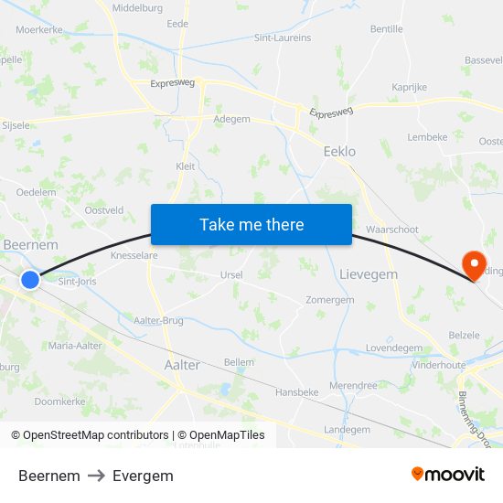 Beernem to Evergem map