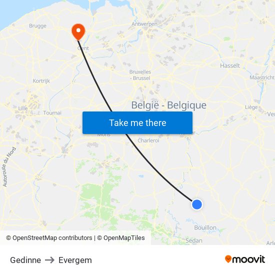 Gedinne to Evergem map