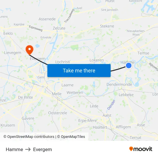 Hamme to Evergem map
