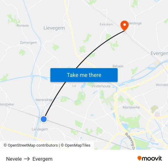 Nevele to Evergem map