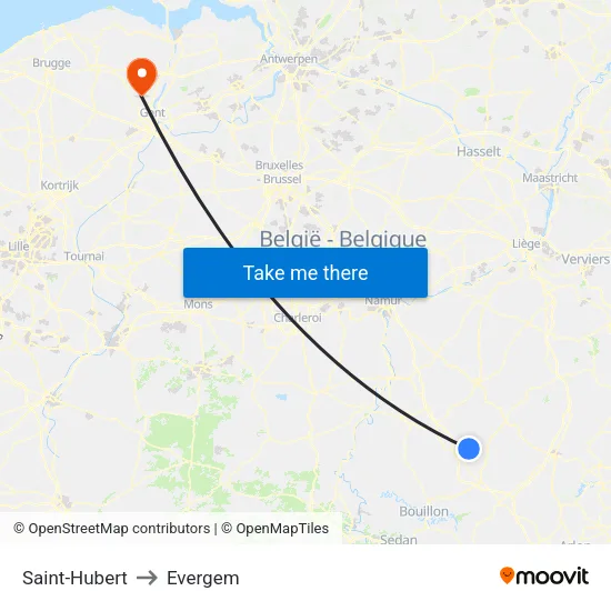 Saint-Hubert to Evergem map