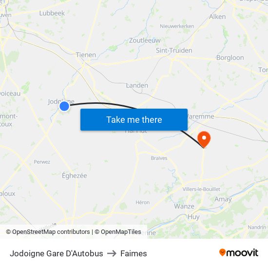 Jodoigne Gare D'Autobus to Faimes map