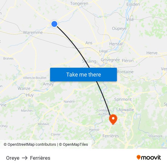 Oreye to Ferrières map