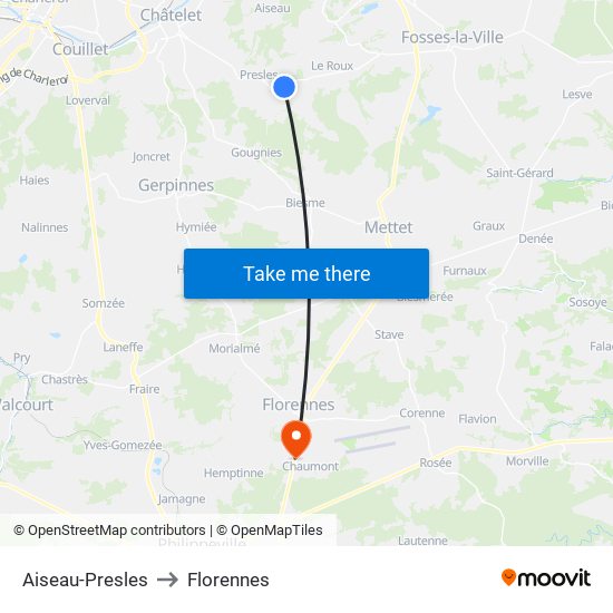 Aiseau-Presles to Florennes map