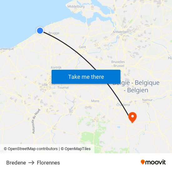 Bredene to Florennes map