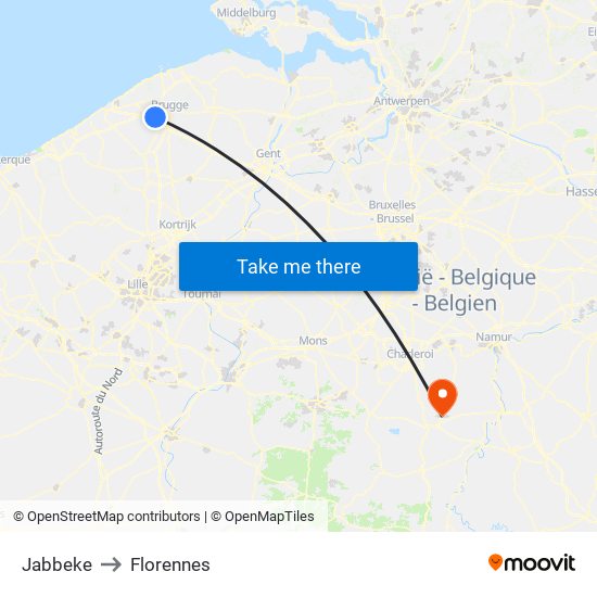 Jabbeke to Florennes map