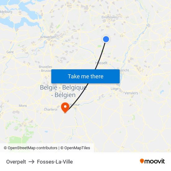 Overpelt to Fosses-La-Ville map