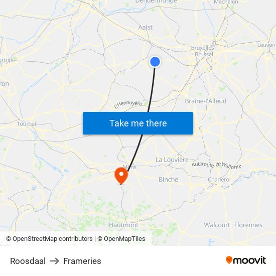 Roosdaal to Frameries map