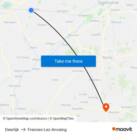Deerlijk to Frasnes-Lez-Anvaing map