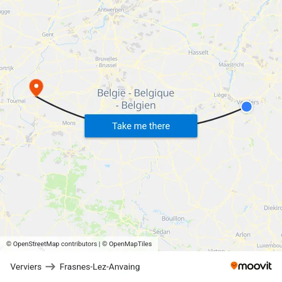 Verviers to Frasnes-Lez-Anvaing map