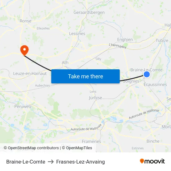 Braine-Le-Comte to Frasnes-Lez-Anvaing map