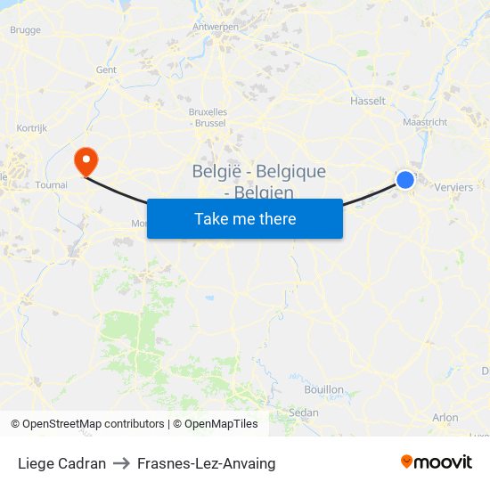 Liege Cadran to Frasnes-Lez-Anvaing map