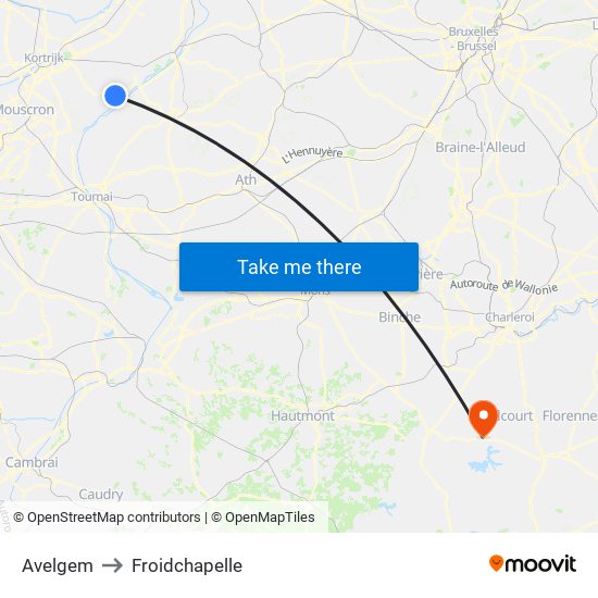 Avelgem to Froidchapelle map