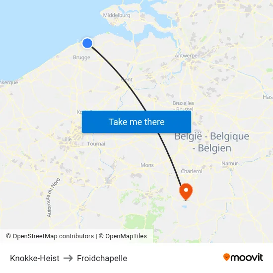 Knokke-Heist to Froidchapelle map