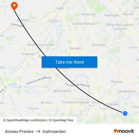 Aiseau-Presles to Galmaarden map