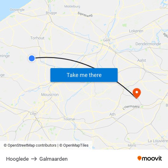 Hooglede to Galmaarden map