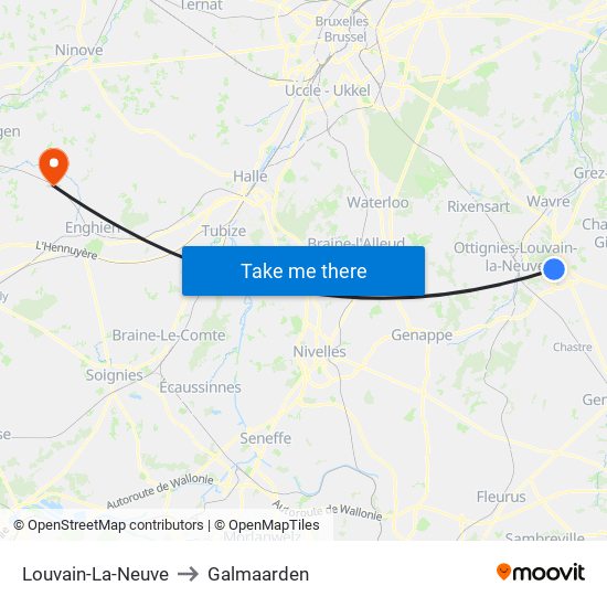 Louvain-La-Neuve to Galmaarden map