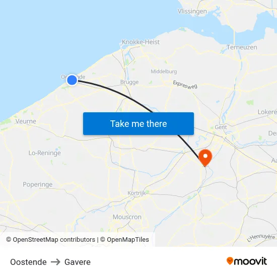 Oostende to Gavere map