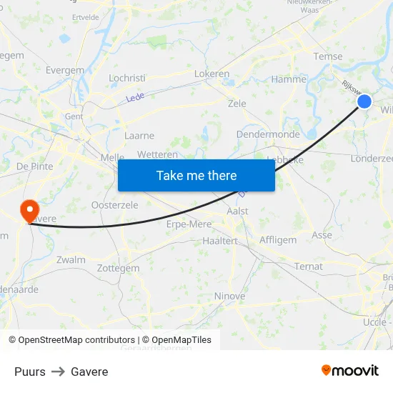 Puurs to Gavere map