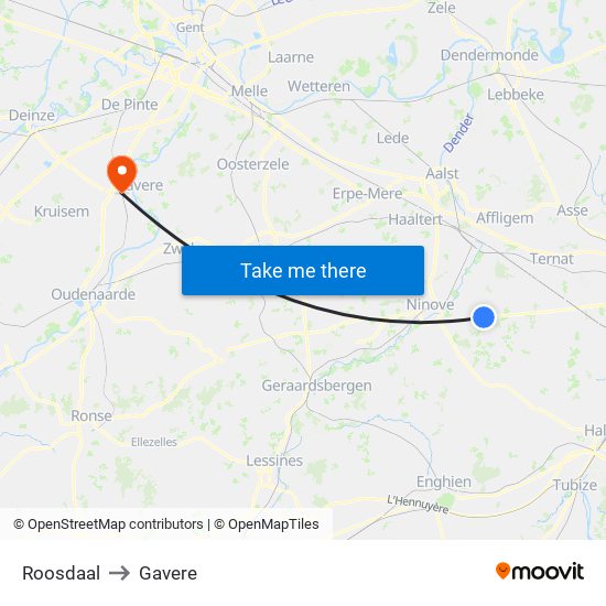 Roosdaal to Gavere map