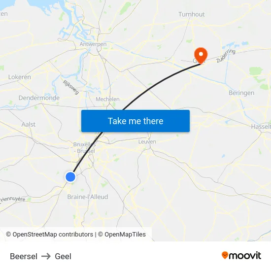 Beersel to Geel map