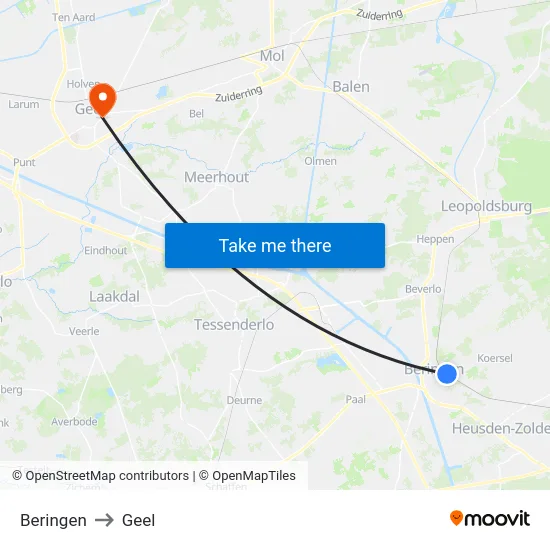 Beringen to Geel map